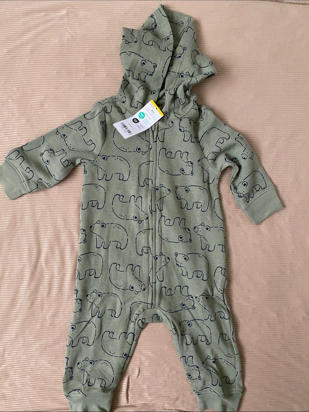 Carter's Sage Green Hooded One-Piece with Navy Bear Print